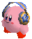 Pixelated Kirby vibing with headphones on.